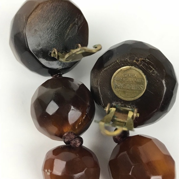 Vtg Gerda Lynggaard Monies Danish Horn Bone Runway Dangle Drop Facet Earrings - Picture 7 of 8